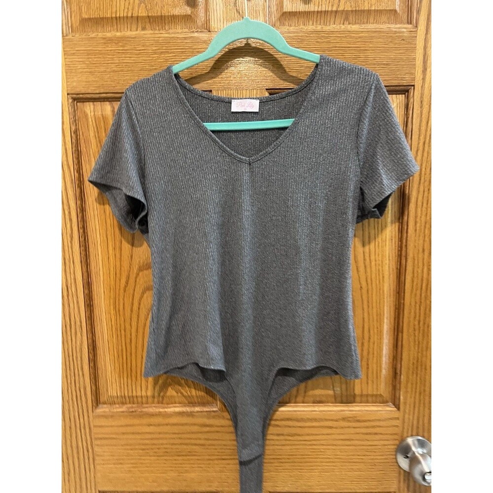 Pink Lilly Grey Ribbed Bodysuit Size XL